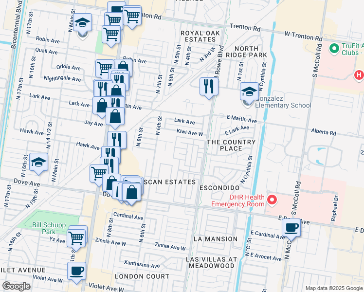 map of restaurants, bars, coffee shops, grocery stores, and more near 325 Jay Avenue in McAllen