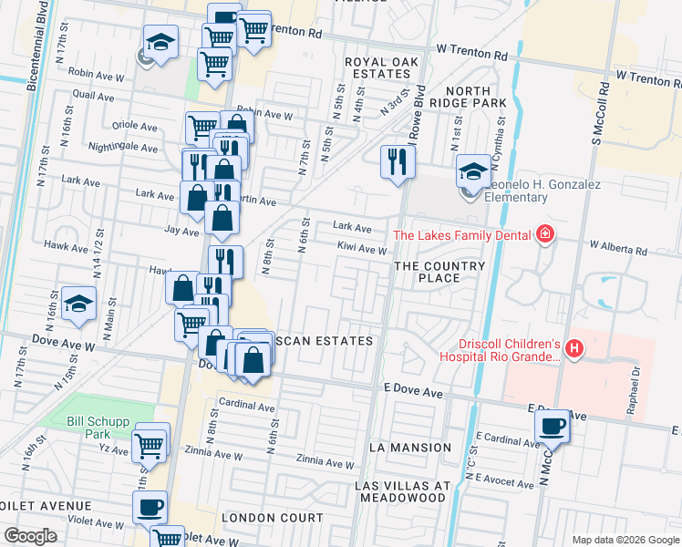 map of restaurants, bars, coffee shops, grocery stores, and more near 325 Jay Avenue in McAllen