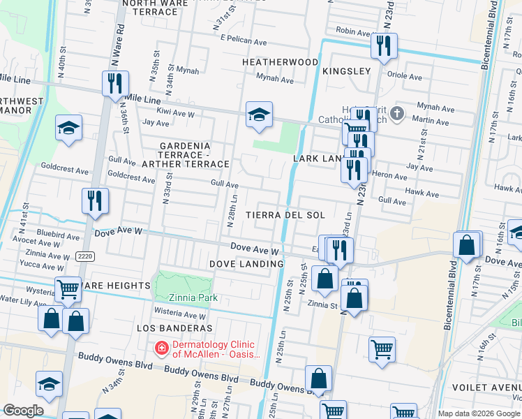 map of restaurants, bars, coffee shops, grocery stores, and more near 5820 North 27th Street in McAllen
