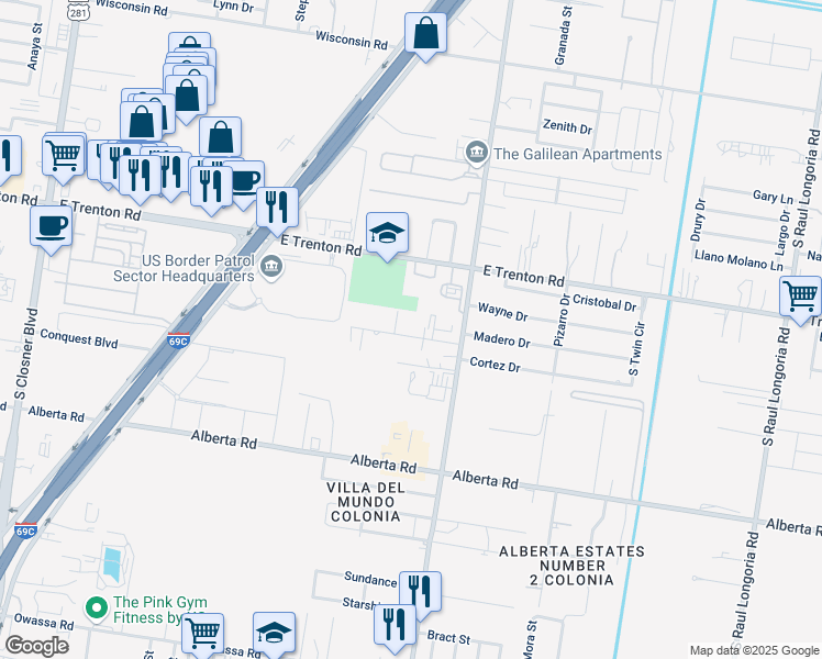 map of restaurants, bars, coffee shops, grocery stores, and more near 1003 Leticia Street in Edinburg