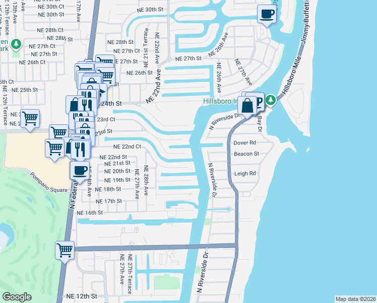 map of restaurants, bars, coffee shops, grocery stores, and more near 2941 Northeast 23rd Street in Pompano Beach