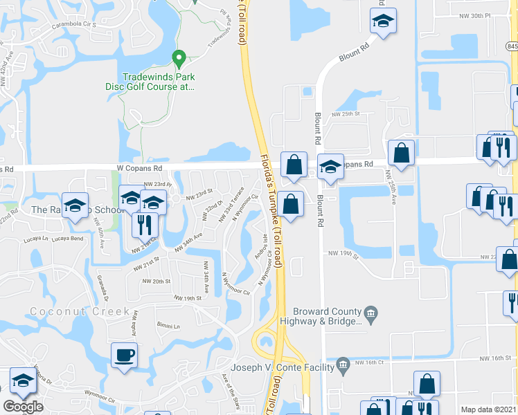 map of restaurants, bars, coffee shops, grocery stores, and more near 1801 Eleuthera Point in Coconut Creek