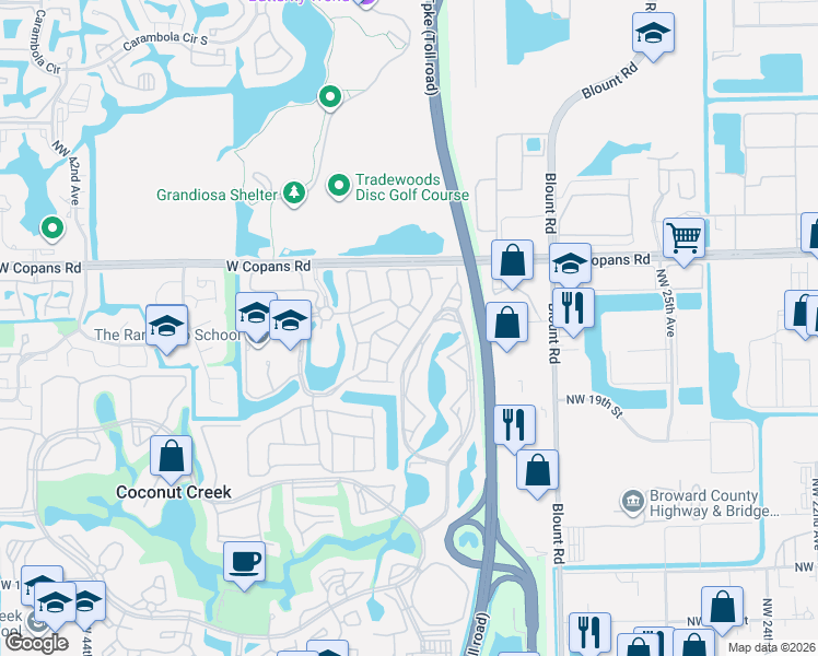 map of restaurants, bars, coffee shops, grocery stores, and more near 2290 Northwest 33rd Terrace in Coconut Creek