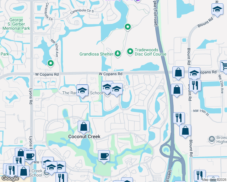 map of restaurants, bars, coffee shops, grocery stores, and more near 2355 Northwest 37th Avenue in Coconut Creek