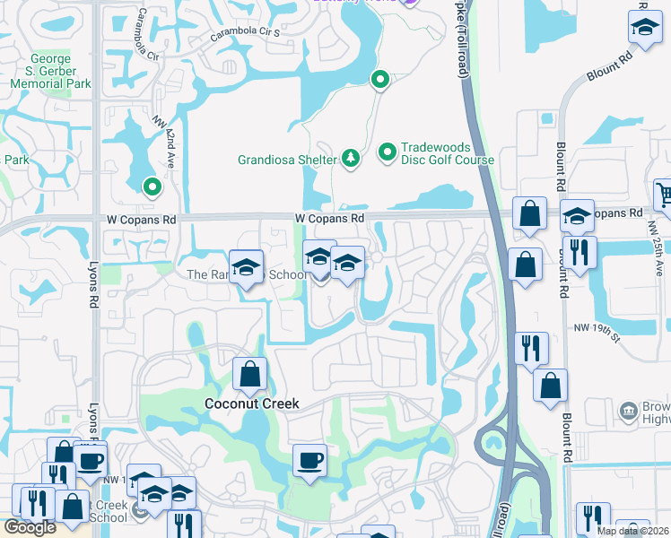 map of restaurants, bars, coffee shops, grocery stores, and more near 2355 Northwest 37th Avenue in Coconut Creek