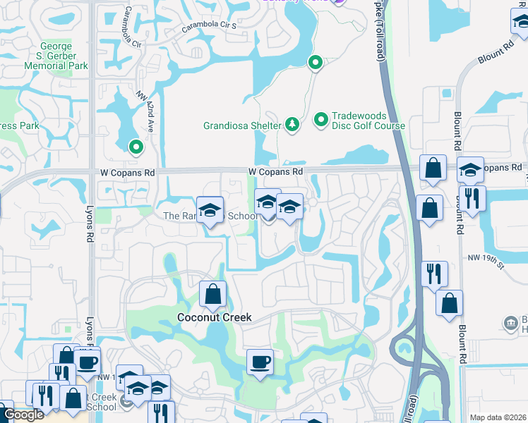 map of restaurants, bars, coffee shops, grocery stores, and more near 2140 Northwest 40th Avenue in Coconut Creek