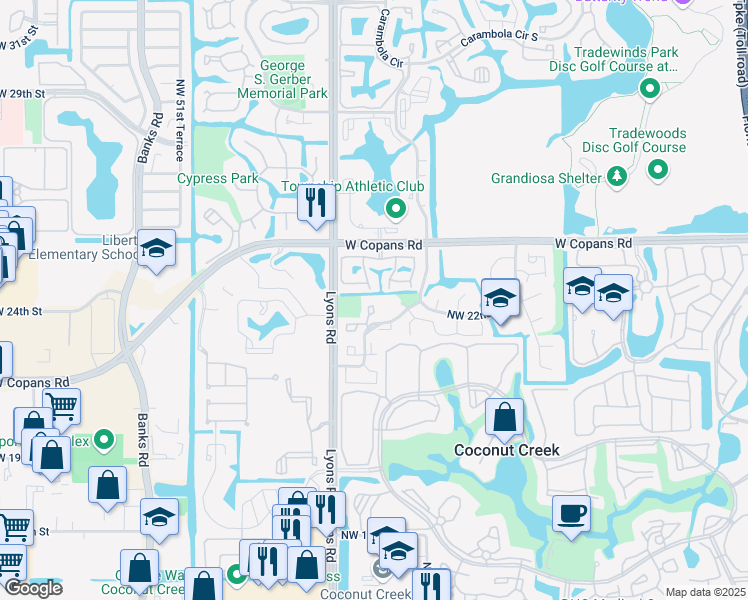 map of restaurants, bars, coffee shops, grocery stores, and more near 2237 Northwest 45th Avenue in Coconut Creek