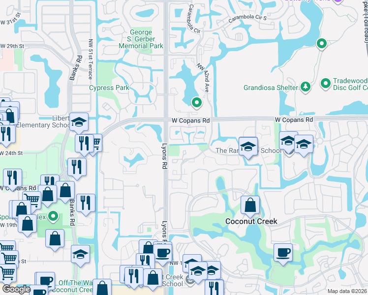 map of restaurants, bars, coffee shops, grocery stores, and more near 2219 Northwest 45th Avenue in Coconut Creek
