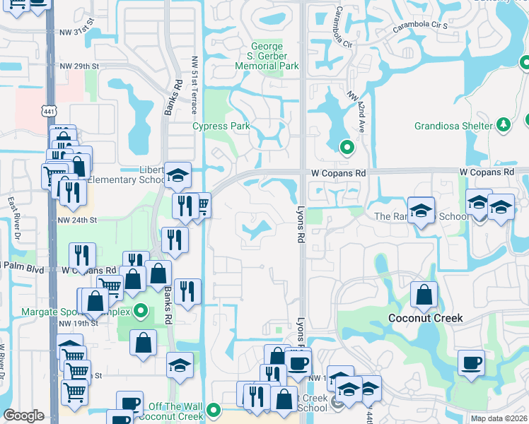 map of restaurants, bars, coffee shops, grocery stores, and more near 4865 Northwest 22nd Street in Coconut Creek