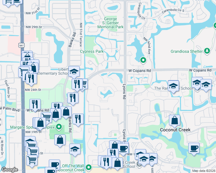 map of restaurants, bars, coffee shops, grocery stores, and more near 4865 Northwest 22nd Street in Coconut Creek