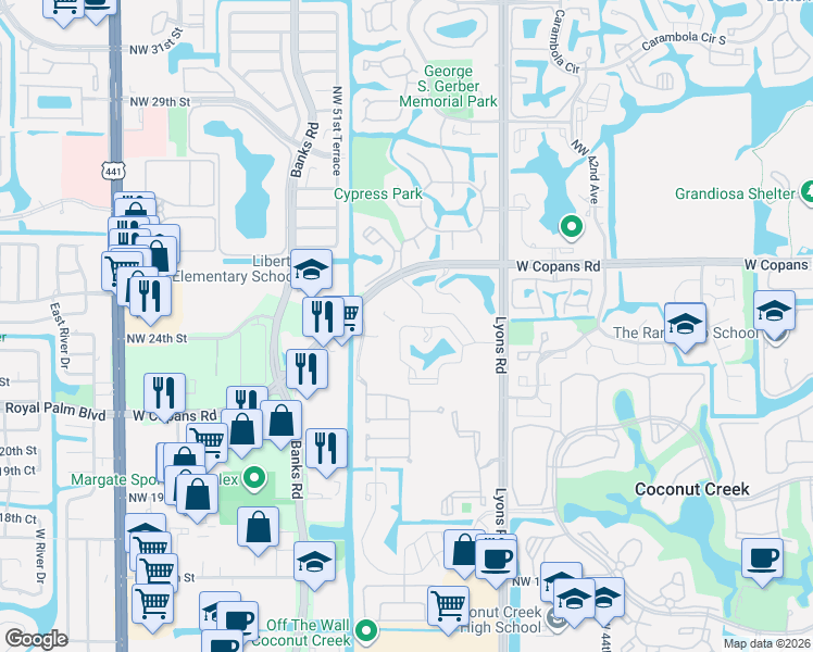 map of restaurants, bars, coffee shops, grocery stores, and more near 4846 Northwest 22nd Street in Coconut Creek