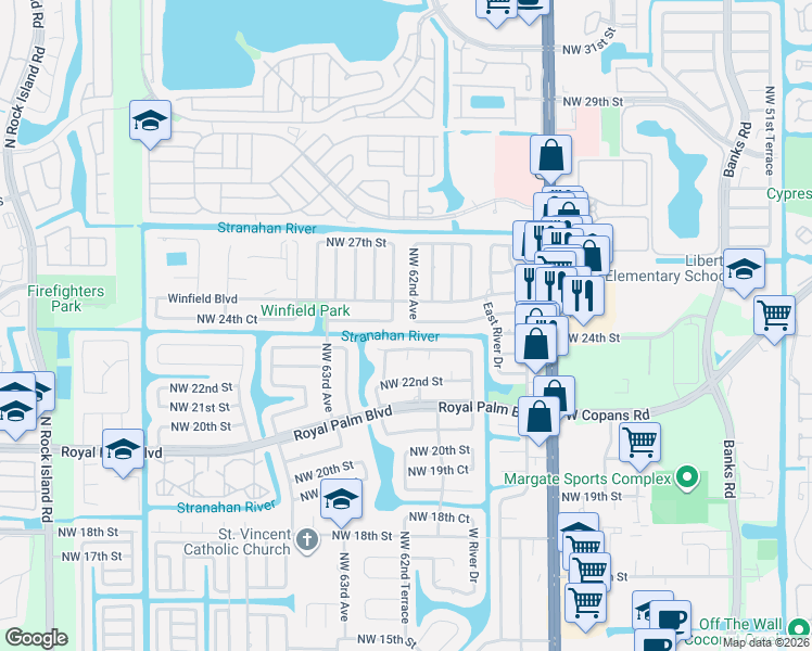 map of restaurants, bars, coffee shops, grocery stores, and more near 6250 Northwest 24th Court in Margate