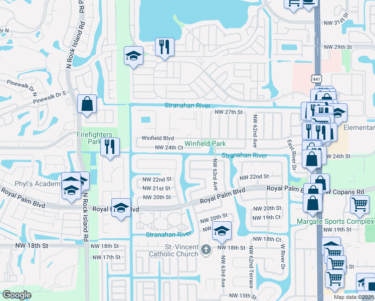 map of restaurants, bars, coffee shops, grocery stores, and more near 6530 Northwest 24th Court in Margate