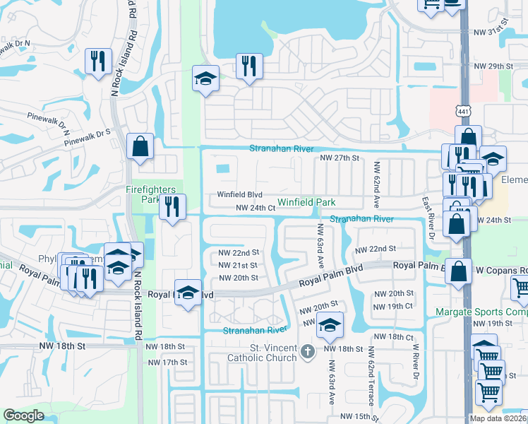 map of restaurants, bars, coffee shops, grocery stores, and more near 6562 Northwest 24th Court in Margate