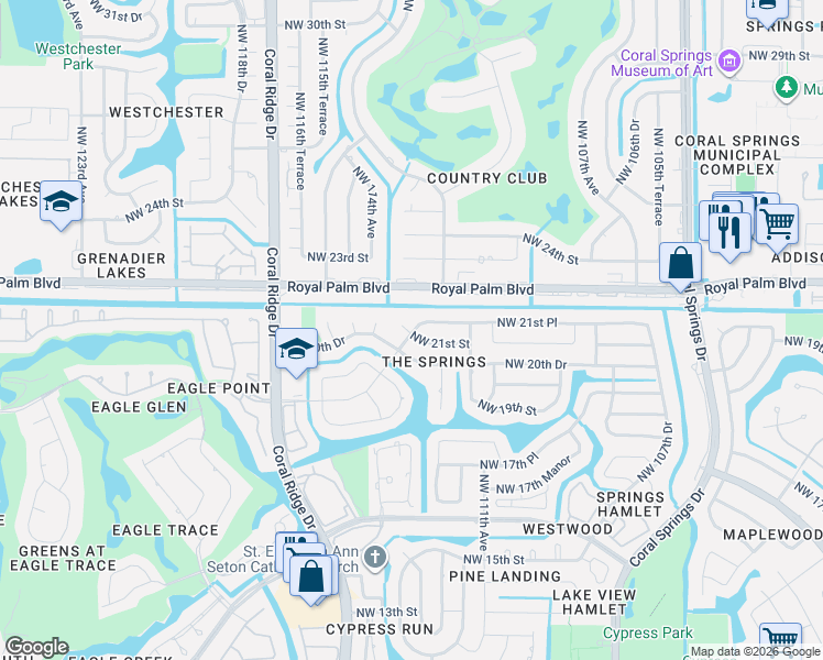 map of restaurants, bars, coffee shops, grocery stores, and more near 11313 Northwest 21st Court in Coral Springs