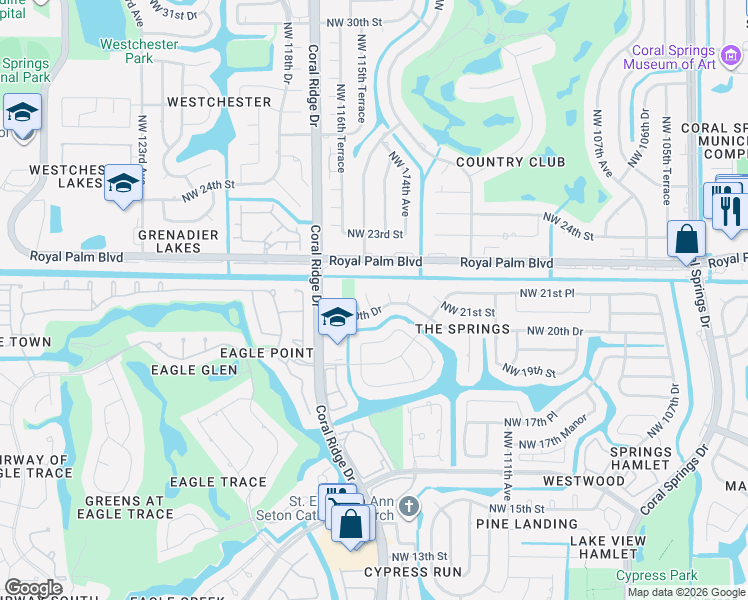 map of restaurants, bars, coffee shops, grocery stores, and more near 2133 Northwest 116th Terrace in Coral Springs