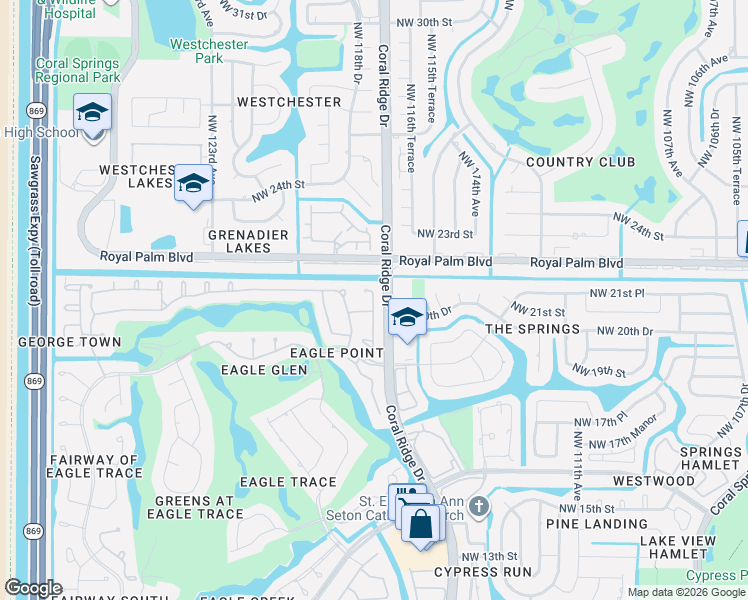 map of restaurants, bars, coffee shops, grocery stores, and more near 2100 Oakmont Terrace in Coral Springs