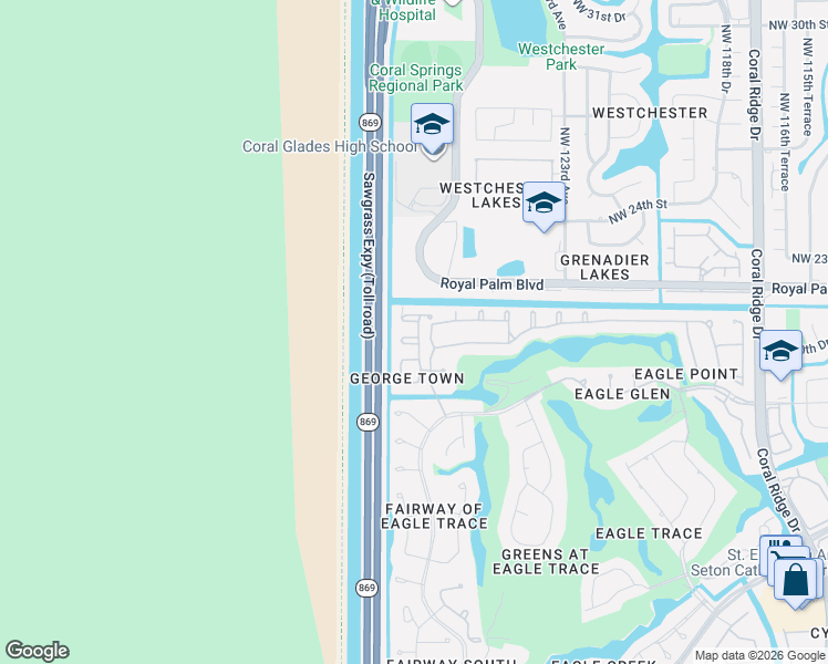 map of restaurants, bars, coffee shops, grocery stores, and more near 2055 Northwest 127th Terrace in Coral Springs