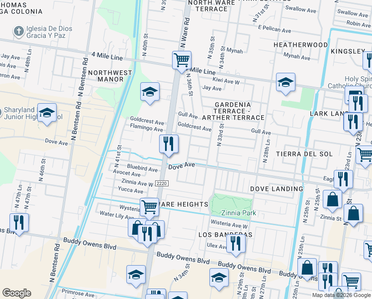 map of restaurants, bars, coffee shops, grocery stores, and more near 5713 North 36th Street in McAllen