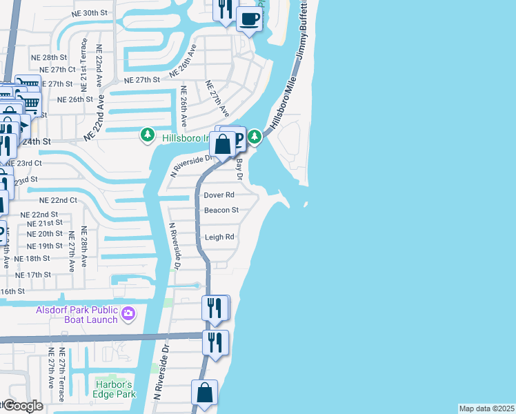map of restaurants, bars, coffee shops, grocery stores, and more near 2300 Bay Drive in Pompano Beach