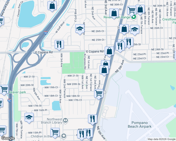 map of restaurants, bars, coffee shops, grocery stores, and more near 30 Northeast 21st Court in Pompano Beach