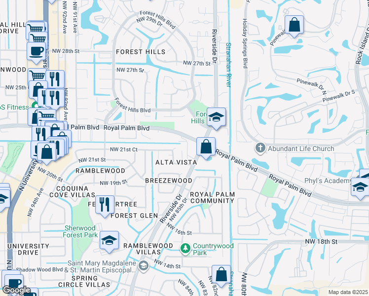 map of restaurants, bars, coffee shops, grocery stores, and more near 2161 Northwest 85th Lane in Coral Springs