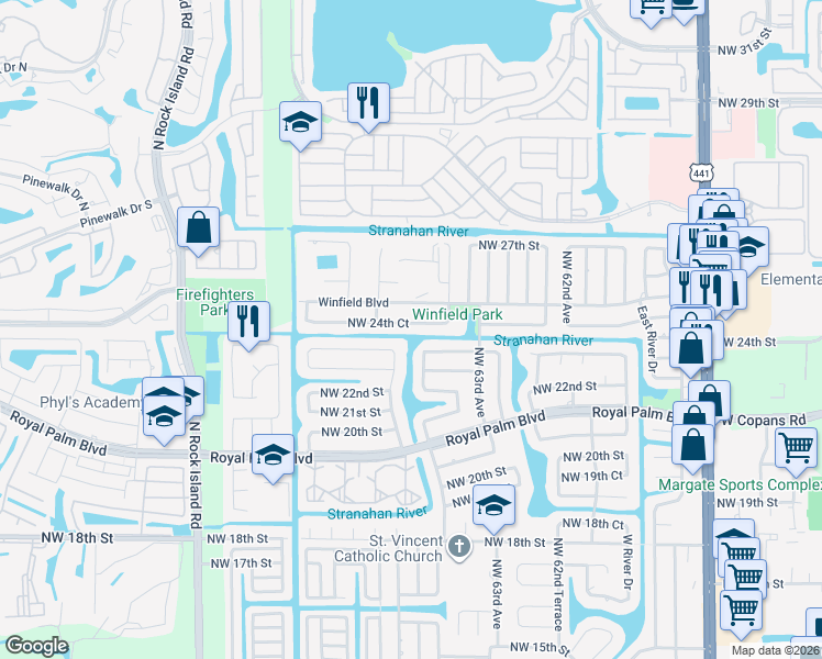 map of restaurants, bars, coffee shops, grocery stores, and more near 6524 Northwest 24th Court in Margate
