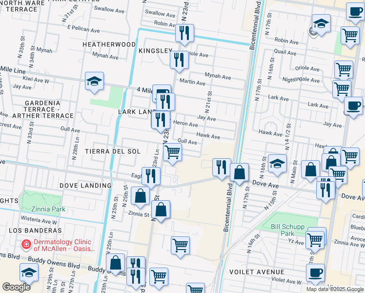 map of restaurants, bars, coffee shops, grocery stores, and more near 2140 Goldcrest Avenue in McAllen