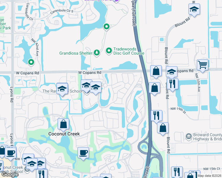 map of restaurants, bars, coffee shops, grocery stores, and more near 2241 Northwest 34th Terrace in Coconut Creek