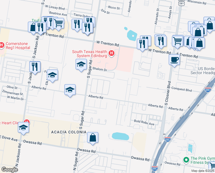 map of restaurants, bars, coffee shops, grocery stores, and more near 4817 South June Drive in Edinburg