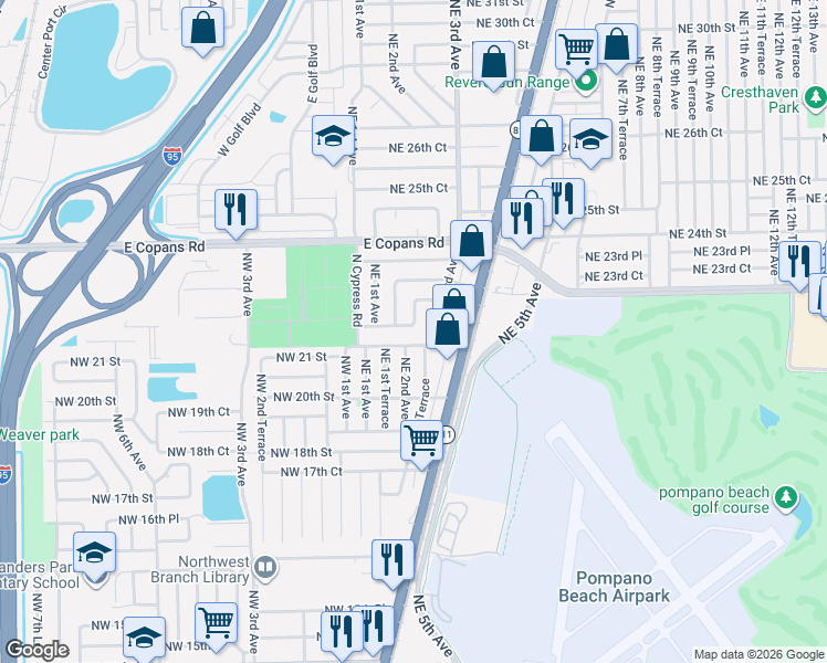 map of restaurants, bars, coffee shops, grocery stores, and more near 230 Northeast 21st Court in Pompano Beach