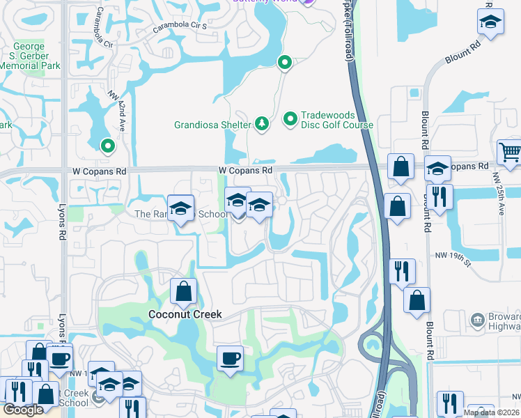 map of restaurants, bars, coffee shops, grocery stores, and more near 2355 Northwest 37th Avenue in Coconut Creek