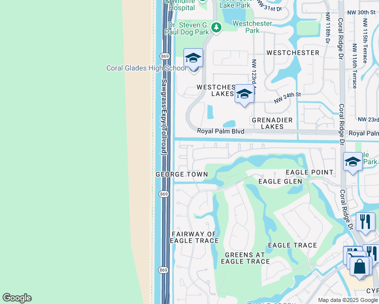 map of restaurants, bars, coffee shops, grocery stores, and more near 2055 Northwest 127th Terrace in Coral Springs