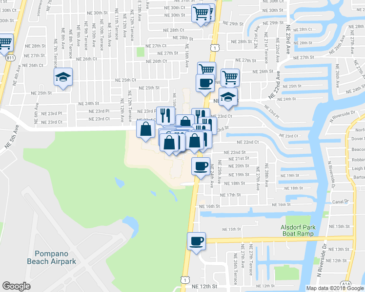 map of restaurants, bars, coffee shops, grocery stores, and more near 2101 North Federal Highway in Pompano Beach