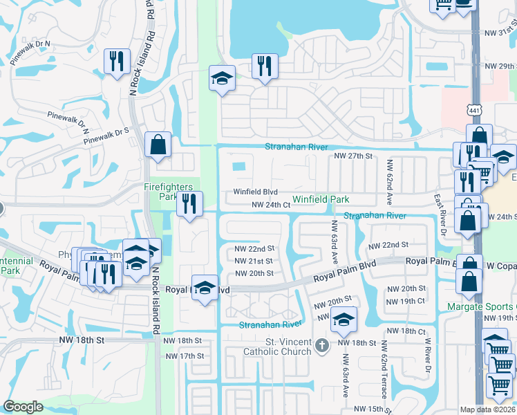 map of restaurants, bars, coffee shops, grocery stores, and more near 6630 Northwest 24th Court in Margate