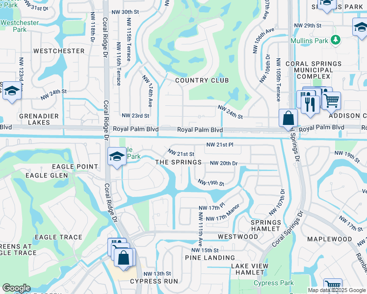 map of restaurants, bars, coffee shops, grocery stores, and more near 11206 Northwest 21st Place in Coral Springs