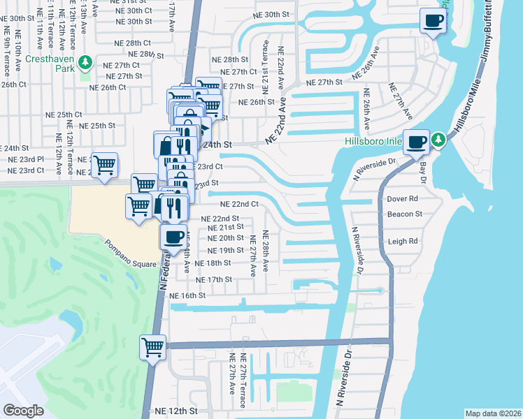 map of restaurants, bars, coffee shops, grocery stores, and more near 2791 Northeast 22nd Court in Pompano Beach