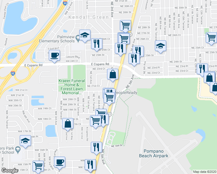 map of restaurants, bars, coffee shops, grocery stores, and more near 2110 Northeast 3rd Avenue in Pompano Beach