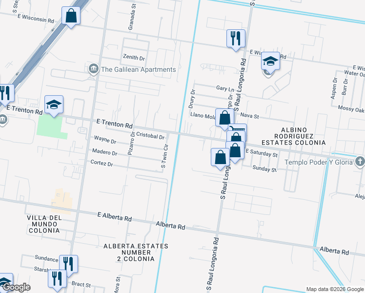 map of restaurants, bars, coffee shops, grocery stores, and more near 2108 East Trenton Road in Edinburg