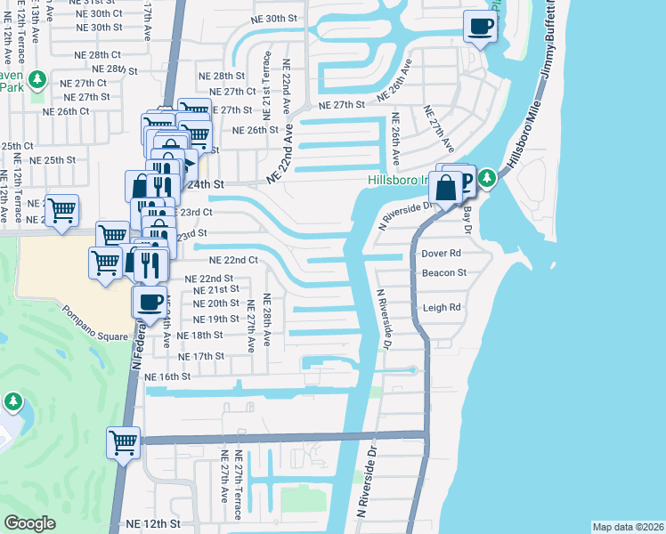 map of restaurants, bars, coffee shops, grocery stores, and more near 2941 Northeast 23rd Street in Pompano Beach