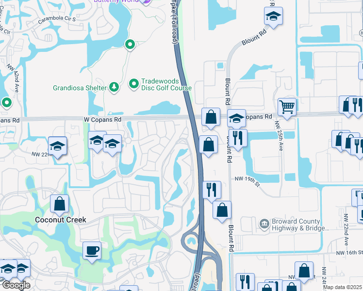 map of restaurants, bars, coffee shops, grocery stores, and more near 1801 Eleuthera Point in Coconut Creek