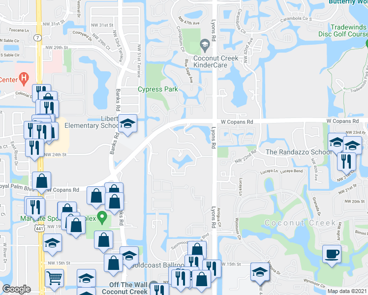 map of restaurants, bars, coffee shops, grocery stores, and more near 4846 Northwest 22nd Street in Coconut Creek