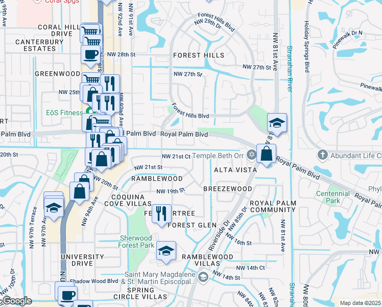 map of restaurants, bars, coffee shops, grocery stores, and more near 8751 Northwest 21st Court in Coral Springs