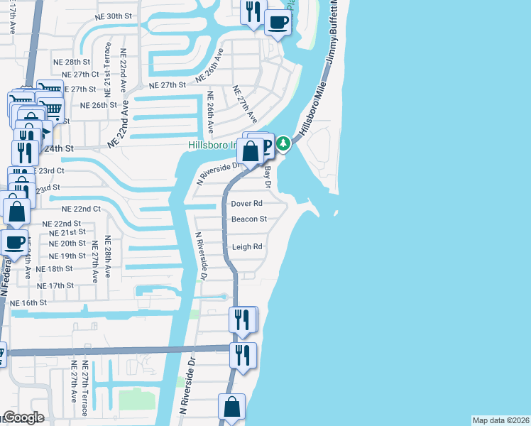 map of restaurants, bars, coffee shops, grocery stores, and more near 3421 Beacon Street in Pompano Beach