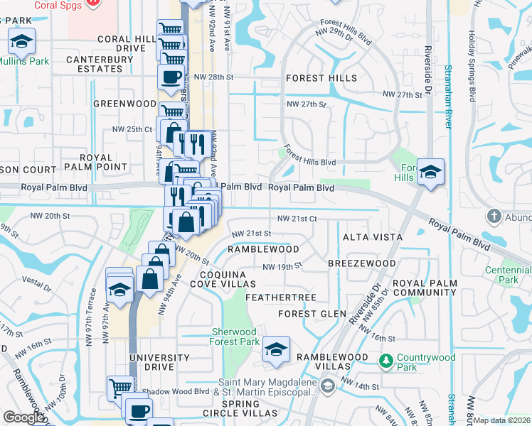 map of restaurants, bars, coffee shops, grocery stores, and more near 8995 Northwest 21st Court in Coral Springs