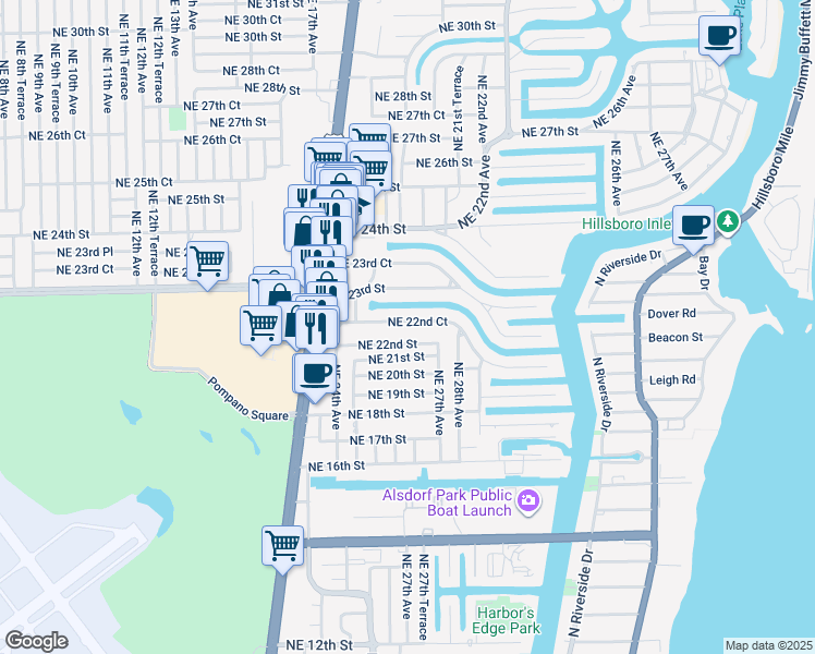 map of restaurants, bars, coffee shops, grocery stores, and more near 2681 Northeast 22nd Street in Pompano Beach