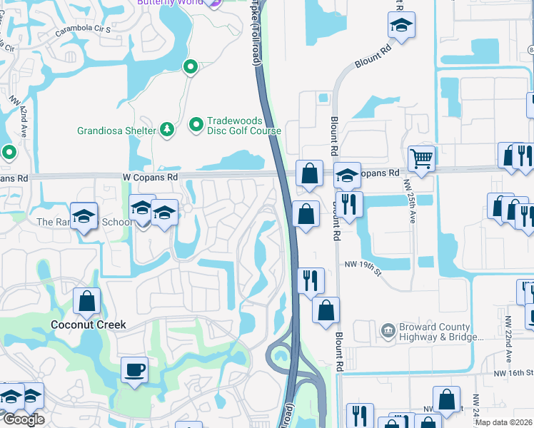 map of restaurants, bars, coffee shops, grocery stores, and more near 1801 Eleuthera Point in Coconut Creek
