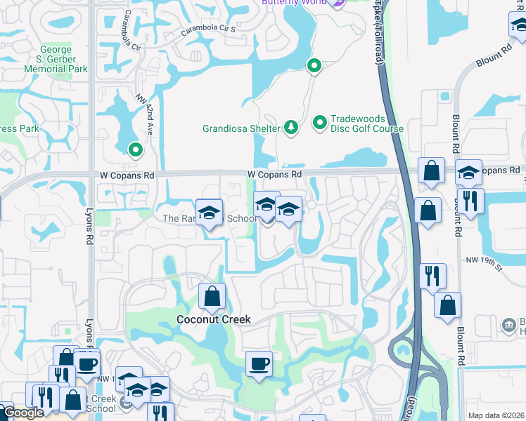 map of restaurants, bars, coffee shops, grocery stores, and more near 2140 Northwest 40th Avenue in Coconut Creek