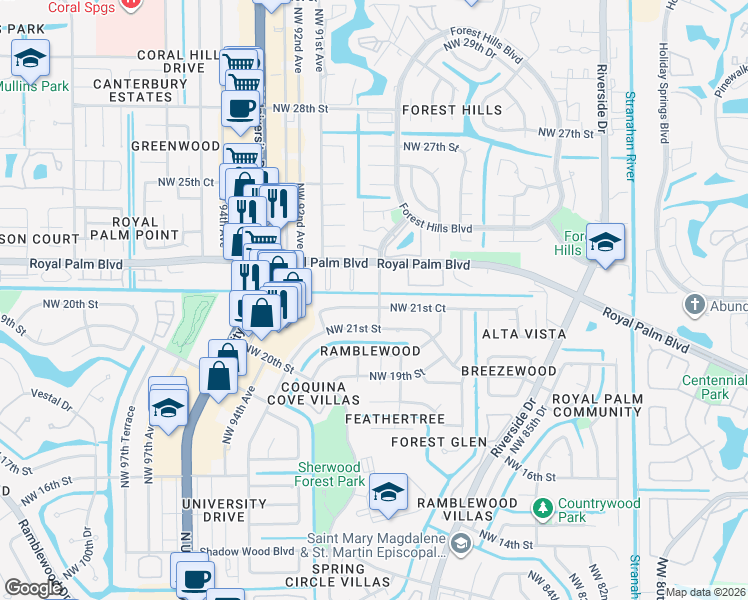 map of restaurants, bars, coffee shops, grocery stores, and more near 8995 Northwest 21st Court in Coral Springs