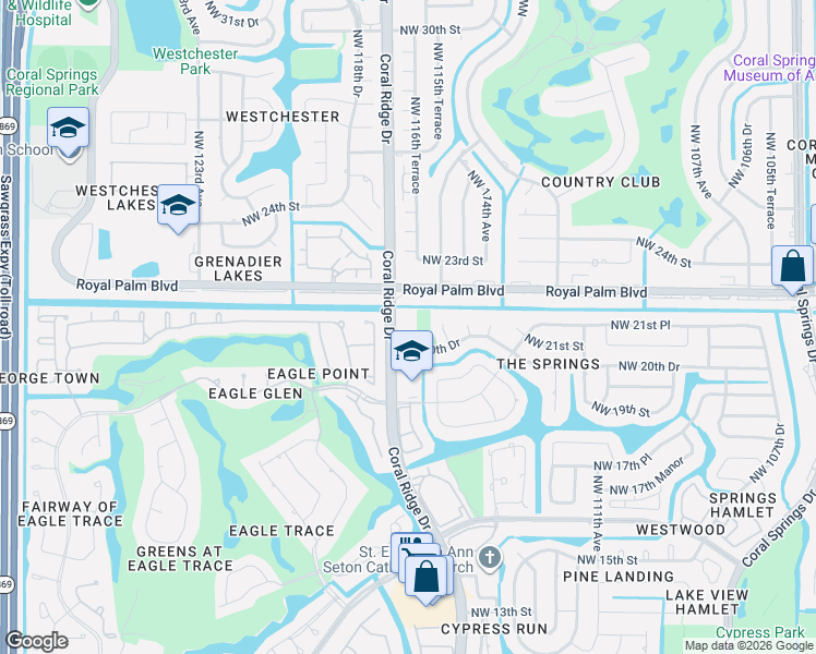 map of restaurants, bars, coffee shops, grocery stores, and more near 2001 Coral Ridge Drive in Coral Springs